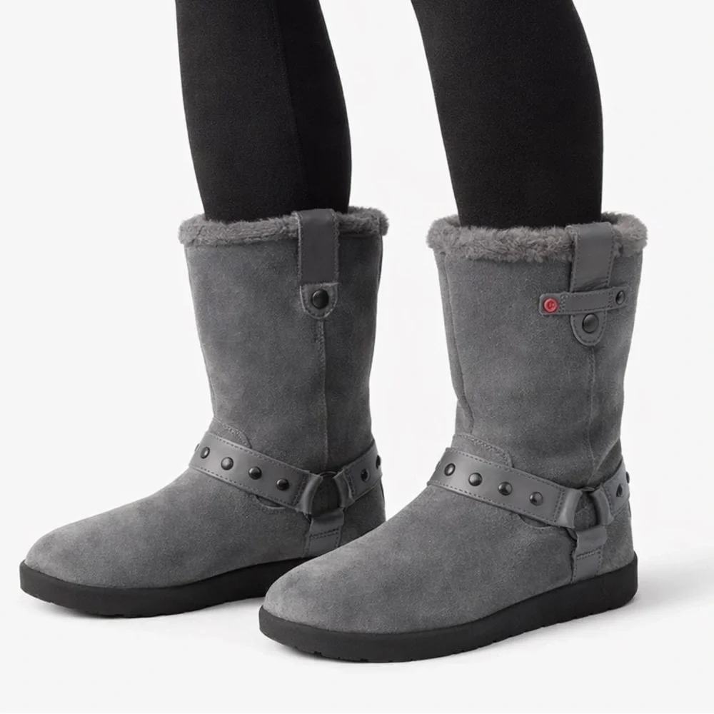 UGG 🩶 Light Charcoal Fur Boots with Ankle Strap, Heart Accent (Size 5)